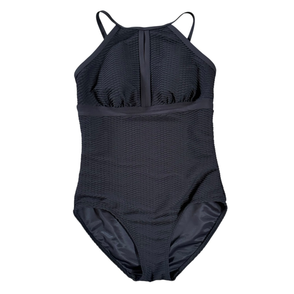 LANDS’ END black textured high neck one piece swimsuit size 8 Long